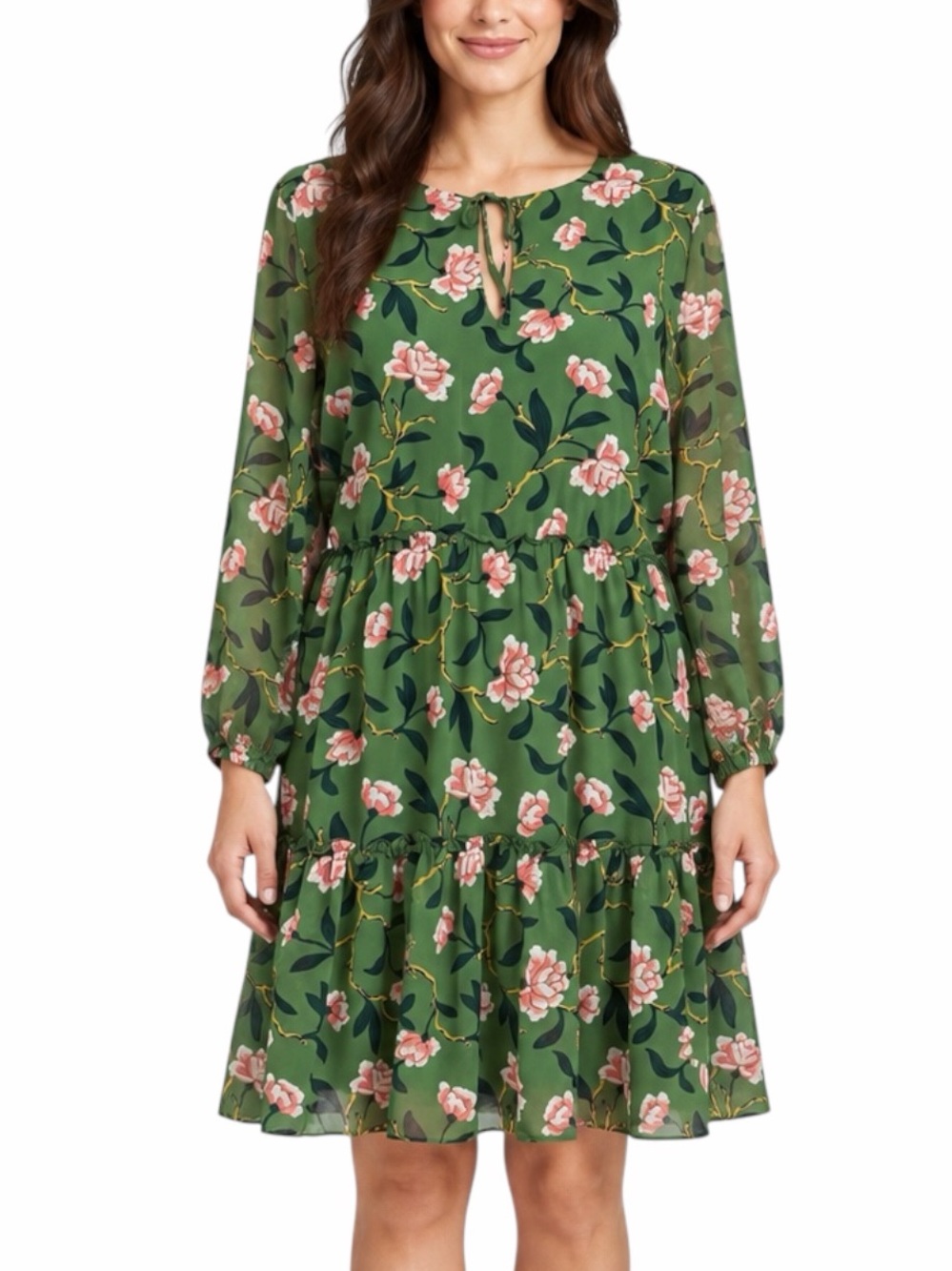 Ann Taylor Factory Floral Tiered Dress 16 Keyhole Long Sleeve Green Pink NWT